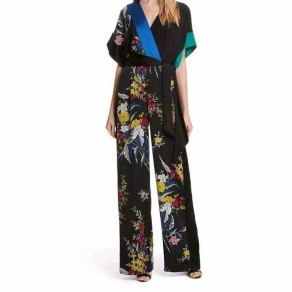Black Silk Floral DVF Jumpsuit with Sash